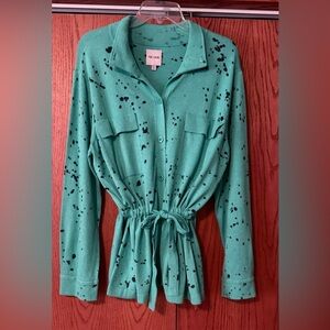 NIC+ZOE Green With Black Splatters Button-Down Cardigan with Front Pockets XL